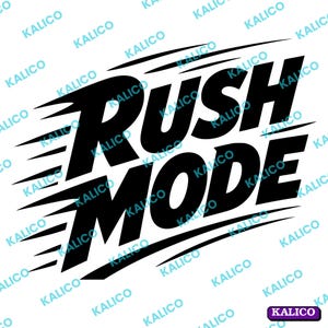 Puede incluir: Un diseño gráfico negro que presenta las palabras RUSH MODE en una fuente sans-serif negrita e inclinada. El texto está acompañado por líneas de velocidad horizontales que se extienden desde el lado izquierdo, creando dinamismo.