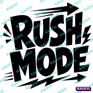 Puede incluir: Un diseño gráfico negro que presenta el texto en negrita RUSH MODE en una fuente estilizada. El diseño incluye una flecha negra que apunta a la derecha sobre el texto, una segunda flecha negra debajo y detalles de rayos negros.