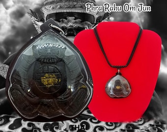 Rahu Om Moon Lp' Noy Wat Sresatong artisanat artisanal coquille de noix de coco richesse succès thaïlandais bouddha amulette pendentif avec collier