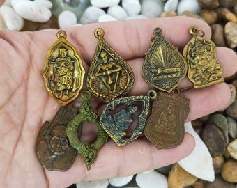 Thai Buddha Amulet Pendants: Brass Miracle Yantra Charms (8 Pcs)