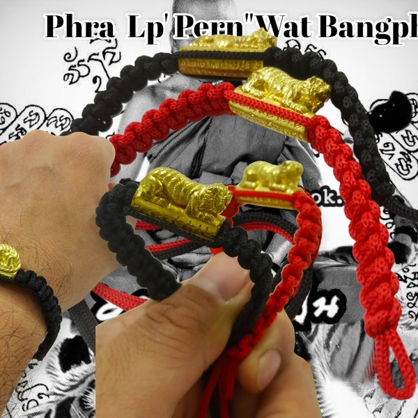 2 Piece 100% Real Famous Monks in Thailand Lp' Pern Wat Bangpra Red & Black Tiger Bracelet Wristband Powerful life Protection