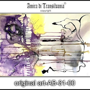 Psychedelic Abstract Art, Psychedelia Minimalist Original Painting, Glow in the Dark Magical Land with Fluo Fluorescent