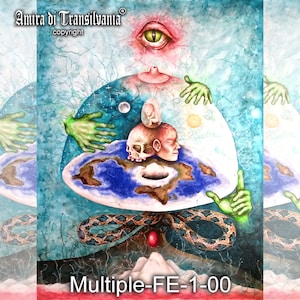 Kaartwereld van de platte aarde, samenzweringstheorieën schilderen, Memento Mori-kunst, hedendaagse kunst, schilderkunst, Illuminati