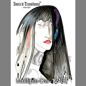 Anjelica Huston & Morticia Addams, aangepaste lijntekening kleurrijk portret, aquarel kunst van foto, vrouw portret