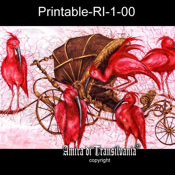 Ibis bird, Exotic Red Bird Moon, Antique Charriot Thoth Allegory, Contemporary Art Paintings, Luxury Interior Design