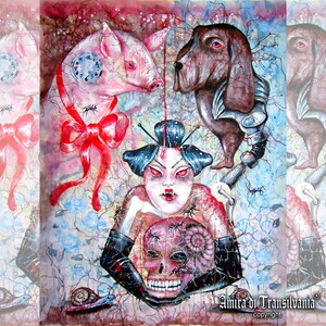 Humor negro, pintura contemporánea de arte macabro, película de terror de vampiros, dibujo de cerdo y perro, criatura urbana de cuentos de hadas