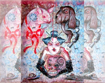 Dark Humor, Macabre Art Contemporary Painting, Vampire Horror Movie, Pig and Dog Drawing, Fairy Tales Urban Creature