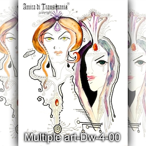 Portrait Drawing One Line Pencil Watercolor, Women Portraiture Doodle Art Painting, Art Deco Liberty, Belle Epoque Lady