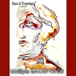 Disegno di ritratto, matita per ritratti shabbychic, arte murale scarabocchio contemporanea deco liberty, pittura ad acquerello di donne