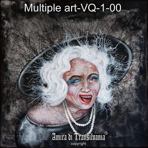 Peinture d'art de portrait de femme, dame au chapeau dame souriante, portrait en noir et blanc, artiste célèbre sourire de veuve joyeuse