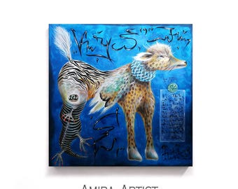 Hybrid Animals Art, Signed Limited Edition Original  Contemporary Painting, Dog Panther Zebra Grotesque Bizarre Artwork