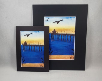 Hand painted MATTED PRINT of summer beach sunset, original art, 8x10, 5×7 physical print