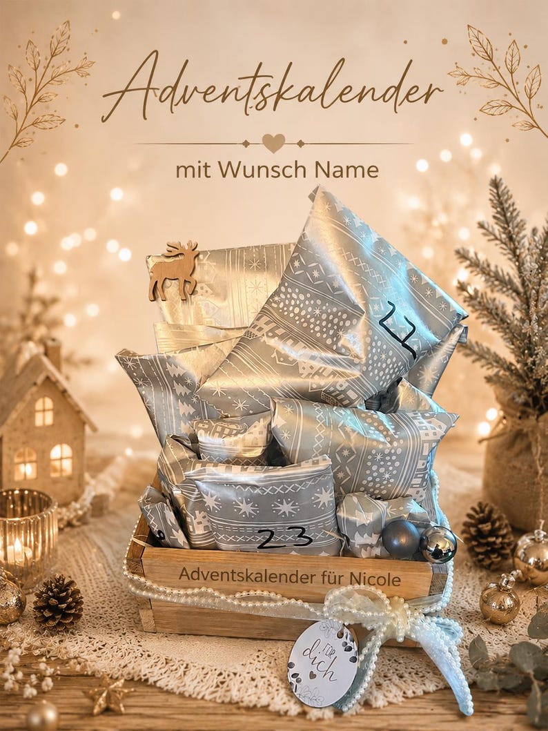 Personalisierter Adventskalender mit Namen | 24 handgemachte Überraschungen | Geschenkbox aus Holz | DIY & Deko Adventskalender Großer Kalender