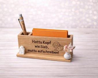 Notitzzettelhalter, Hattu Kopf wie Sieb, muttu aufschreiben, Notizblockhalter aus Holz mit Gravur | Stiftehalter | personalisiertes Geschenk