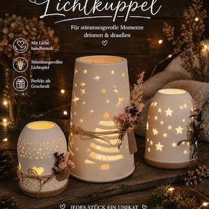 Lichterkuppel Windlicht aus Gießmasse | Herz oder Sterne | Weihnachtsdeko | LED Windlicht | Geschenk | Kerzenhalter, Geschenk für Freundin