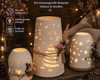 Lichterkuppel Windlicht aus Gießmasse | Herz oder Sterne | Weihnachtsdeko | LED Windlicht | Geschenk | Kerzenhalter, Geschenk für Freundin