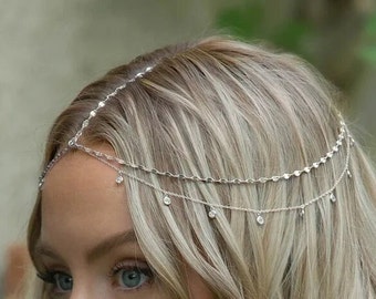 Boho Bridal Head Chain Cubic Leaf Forehead Headband Chain Hair Jewellery For Women Headpiece Bridal Wedding Head Chain