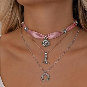 Western Stackable Necklace Set – Pink Silk Choker & Silver Cowgirl Charms