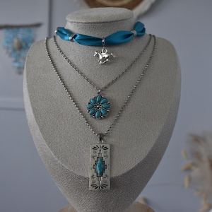 Western Stackable Necklace Set – Silver Layered Cowgirl Jewelry with Turquoise Charms