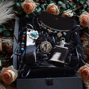 Cowgirl Gift Box: Cowhide Keychain, Charm Bracelet, Hat Pin & Mini Flask