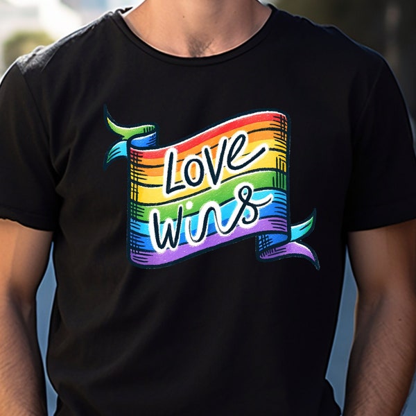 Rainbow Pride Love Wins Tee, LGBTQ+ Love Triumphs Chemise graphique, Love Wins Pride Flag Ribbon T-Shirt, Happy Gay Pride Scroll Message Top