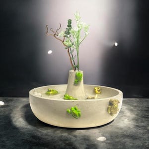 Puede incluir: Un macetero de hormigón con un jarrón en el centro y varias pequeñas figuritas de ranas verdes alrededor del borde. El macetero está lleno de agua y una rama de flores blancas.