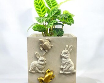 Handmade Concrete Planter with Animals: Indoor Outdoor Cement Pot
