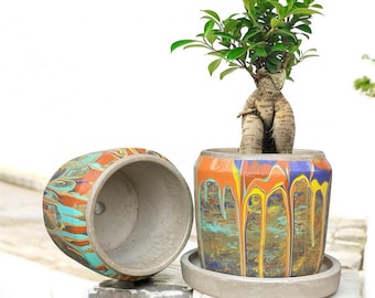 Vaso per piante in cemento fatto a mano: design a goccia multicolore, fioriera da interno con drenaggio
