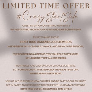 Peut inclure: Un graphique rose et blanc avec le texte "OFFRE LIMIT&Eacute;E #Crazy Start Sale" et un message annon&ccedil;ant une r&eacute;duction de 50% pour les 1000 premiers clients.