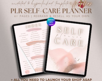 PLR Self Care Planner Planejador de autocuidado digital editável para uso comercial, modelo de revenda de hiperlink de diário de autocuidado sem data para planejador de bem-estar