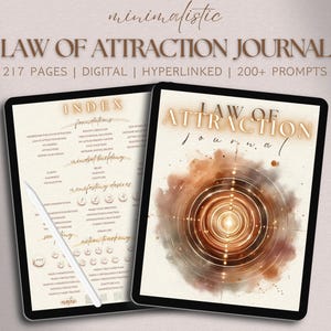 Puede incluir: Un diario digital con un fondo de acuarela y el texto "LAW OF ATTRACTION journal" en la portada. El diario está abierto en una página con un índice y el texto "INDEX" en la parte superior. El diario está en una tableta.