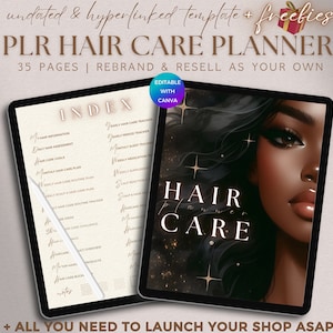 Könnte beinhalten: Ein digitaler Planer mit einem schwarzen und goldenen Cover, das das Gesicht einer Frau und den Text "HAIR CARE" zeigt. Der Planer ist auf einer Seite mit dem Wort "INDEX" und einer Liste von Themen rund um die Haarpflege geöffnet. Der Planer wird als "PLR HAIR CARE PLANNER" mit 35 Seiten beworben und ist mit Canva bearbeitbar.