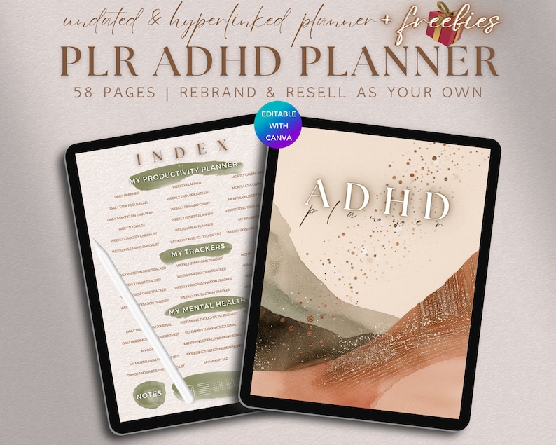 PLR ADHD Planner Digital, Editable Planner Commercial Use, Undated Printable ADHD Journal, Hyperlinked Digital Adhd Planner Resell Template