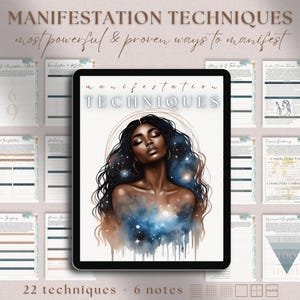 Peut inclure: Une illustration num&eacute;rique d'une femme &agrave; la peau fonc&eacute;e et aux longs cheveux noirs. Elle est entour&eacute;e d'une galaxie d'&eacute;toiles et de n&eacute;buleuses. Le texte "manifestation techniques" est &eacute;crit en blanc gras au-dessus de l'image. Le texte "22 techniques + 6 notes" est &eacute;crit en blanc plus petit en dessous de l'image.