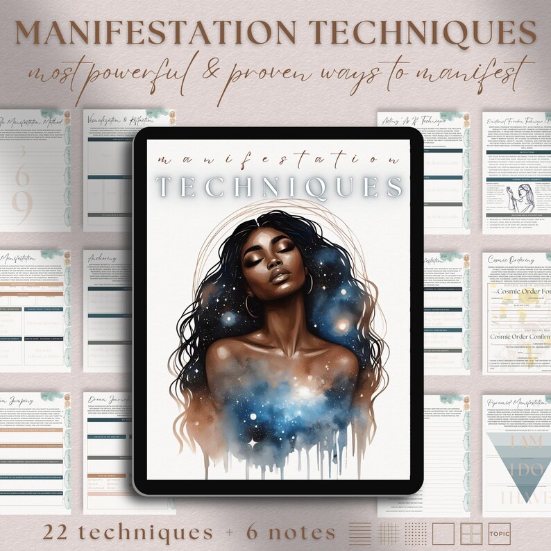 Peut inclure: Une illustration num&eacute;rique d'une femme &agrave; la peau fonc&eacute;e et aux longs cheveux noirs. Elle est entour&eacute;e d'une galaxie d'&eacute;toiles et de n&eacute;buleuses. Le texte "manifestation techniques" est &eacute;crit en blanc gras au-dessus de l'image. Le texte "22 techniques + 6 notes" est &eacute;crit en blanc plus petit en dessous de l'image.