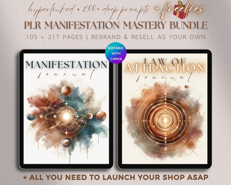 PLR Journal Bundle Manifestation Mastery, PLR Manifest Journal Digital, PLR Law Of Attraction Journal Digital, Abundance Mindset Journal with Resell Rights, Undated Hyperlinked Manifesting Planner Template, Guided LOA Manifestation, Manifesting Guide