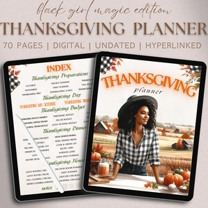 Può includere: Un planner digitale del Ringraziamento con uno sfondo a scacchi bianco e nero e una donna con una camicia a quadri in piedi in un campo. Il planner ha 70 pagine ed è non datato e ipercollegato. Il testo "THANKSGIVING planner" è in lettere arancioni.