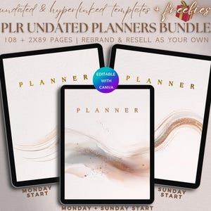 Pode incluir: Dois planejadores digitais com fundo branco e detalhes dourados. Os planejadores são etiquetados como "Planejador" e têm um design de linha ondulada com purpurina dourada. O texto "Início do Segunda-feira" e "Início do Domingo" está na parte inferior dos planejadores. O texto "Editável com Canva" está em uma caixa rosa no planejador da esquerda.