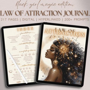 May include: Digital Law of Attraction Journal with 217 pages, hyperlinked, and over 200 prompts. The cover features an illustration of a woman with gold accents. The journal's index is visible on a second tablet, with headings like "foundations" and "manifesting desires."