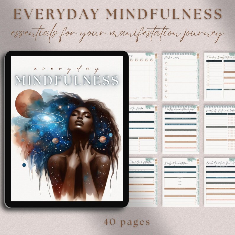 Peut inclure: Un planificateur num&eacute;rique avec une illustration aquarelle d'une femme avec une galaxie dans les cheveux. Le planificateur est intitul&eacute; "everyday MINDFULNESS" et compte 40 pages.