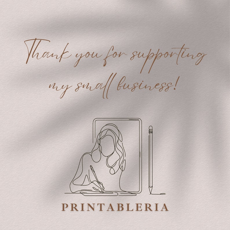 Op de afbeelding: Bedankt voor het steunen van mijn kleine bedrijf! Lijntekening van een persoon die aan een tablet werkt met een potlood. De tekst "PRINTABLERIA" staat onder de illustratie.