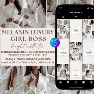 May include: A digital mockup of a phone screen displaying a grid of nine Instagram reel cover templates. The templates are designed in a minimalist style with a white background and brown text. The text on the templates includes phrases like "Social media content about", "5 tips to stay focused", "How to build a strong brand strategy", and "Get closer to your goals". The phone screen is surrounded by a white background with the text "MELANIN LUXURY GIRL BOSS bright aesthetic" and "15 INSTAGRAM REEL COVER TEMPLATES TAILORED FOR POST & REEL FEED 50 HQ AI STOCK PHOTOS INCLUDED MAKE MORE CONTENT & PLR / MRR LICENSE" in brown text.