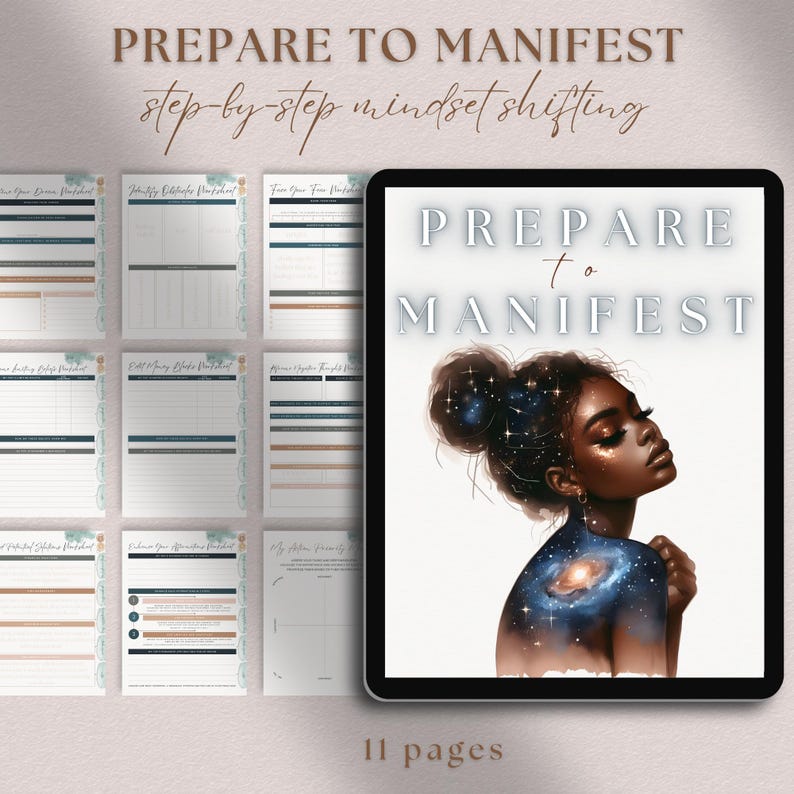 Peut inclure: Une tablette num&eacute;rique affichant la couverture d'un livre num&eacute;rique avec le titre "Pr&eacute;parez-vous &agrave; manifester" en texte blanc sur un fond gris clair. La couverture pr&eacute;sente une illustration num&eacute;rique d'une femme avec une galaxie sur le dos. Le texte "11 pages" est en bas de la tablette.