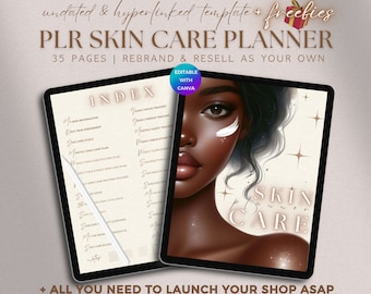 PLR Skin Care Planner Digital, Editable Skincare Journal Commercial Use, Glow Up PLR Beauty Routine Self Care PLR Planner Template Resell