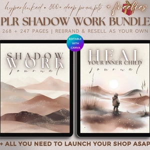 Op de afbeelding: Twee digitale journal covers met aquarel achtergronden. De eerste cover is een landschap met bruine en beige bergen en de tekst "Shadow Work Journal". De tweede cover toont een persoon die in een woestijnlandschap staat met de tekst "Heal Your Inner Child Journal".