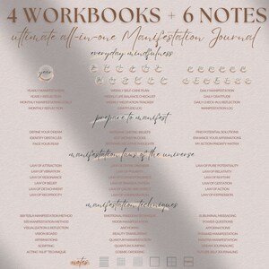 Peut inclure: Un journal de manifestation imprimable rose et blanc avec le texte "4 Workbooks + 6 Notes Ultimate All-in-One Manifestation Journal Everyday Mindfulness" en haut. Le journal comprend des sections pour les objectifs de manifestation annuels et mensuels, les plans d'auto-soins hebdomadaires, la gratitude quotidienne et les techniques de manifestation.
