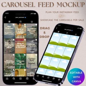Puede incluir: Una maqueta de dos teléfonos inteligentes que muestran un feed de carrusel de Instagram. Uno muestra un feed con varios temas de marketing de productos digitales, el otro una plantilla en blanco. El texto incluye "CAROUSEL FEED MOCKUP", "PLAN YOUR INSTAGRAM FEED" y "EDITABLE WITH CANVA".