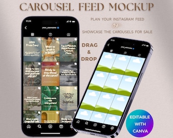 Könnte beinhalten: Ein Mockup von zwei Smartphones, die einen Instagram-Karussell-Feed anzeigen. Ein Telefon zeigt einen Feed mit verschiedenen Themen zum digitalen Produktmarketing, das andere eine leere Vorlage. Text enthält "CAROUSEL FEED MOCKUP", "PLAN YOUR INSTAGRAM FEED" und "EDITABLE WITH CANVA".