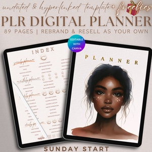 Pode incluir: Um planejador digital com uma página de índice e uma página de capa com uma ilustração de aquarela de uma mulher com glitter dourado no rosto. O planejador é intitulado "PLR DIGITAL PLANNER" e diz "89 PÁGINAS | REBRAND & RESELL AS YOUR OWN". A página de capa também diz "SUNDAY START".