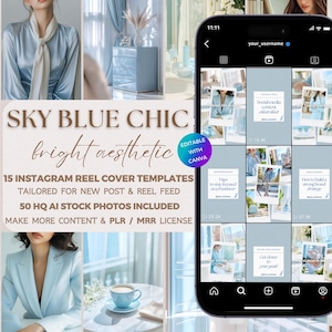 ブルーの美的 Instagram リール カバー PLR MRR ストック写真 居心地の良いシックなライフスタイル 顔のないデジタルマーケティング ソーシャル メディア テンプレート ソフトガール ボス